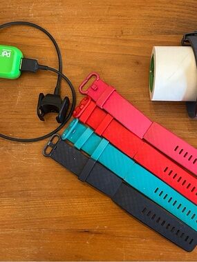 fitbit Charge 3, charger & Silicone Replacement Bands in Pink, Red, Teal & Navy.